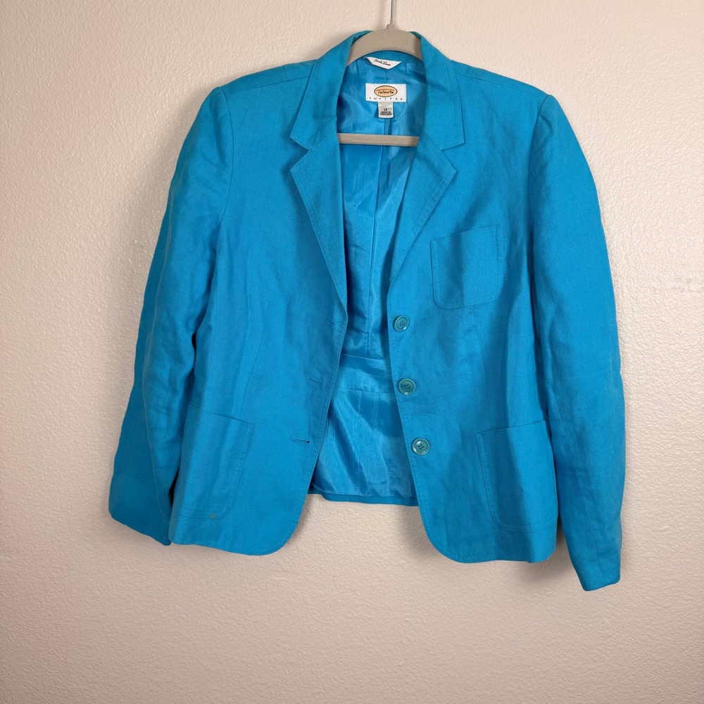 Vtg Talbots Linen Blazer Women 12P Blue Summer Preppy Lined Coastal Professional